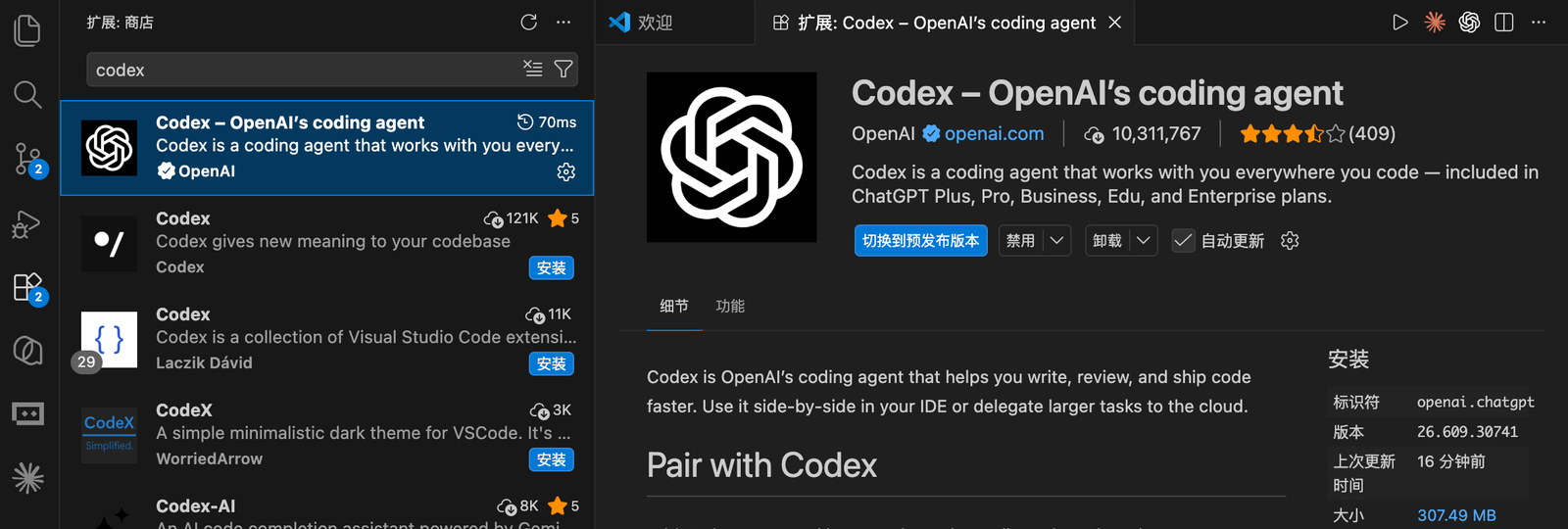 Codex VS Code 扩展市场搜 codex,认准发布者 OpenAI 的官方扩展
