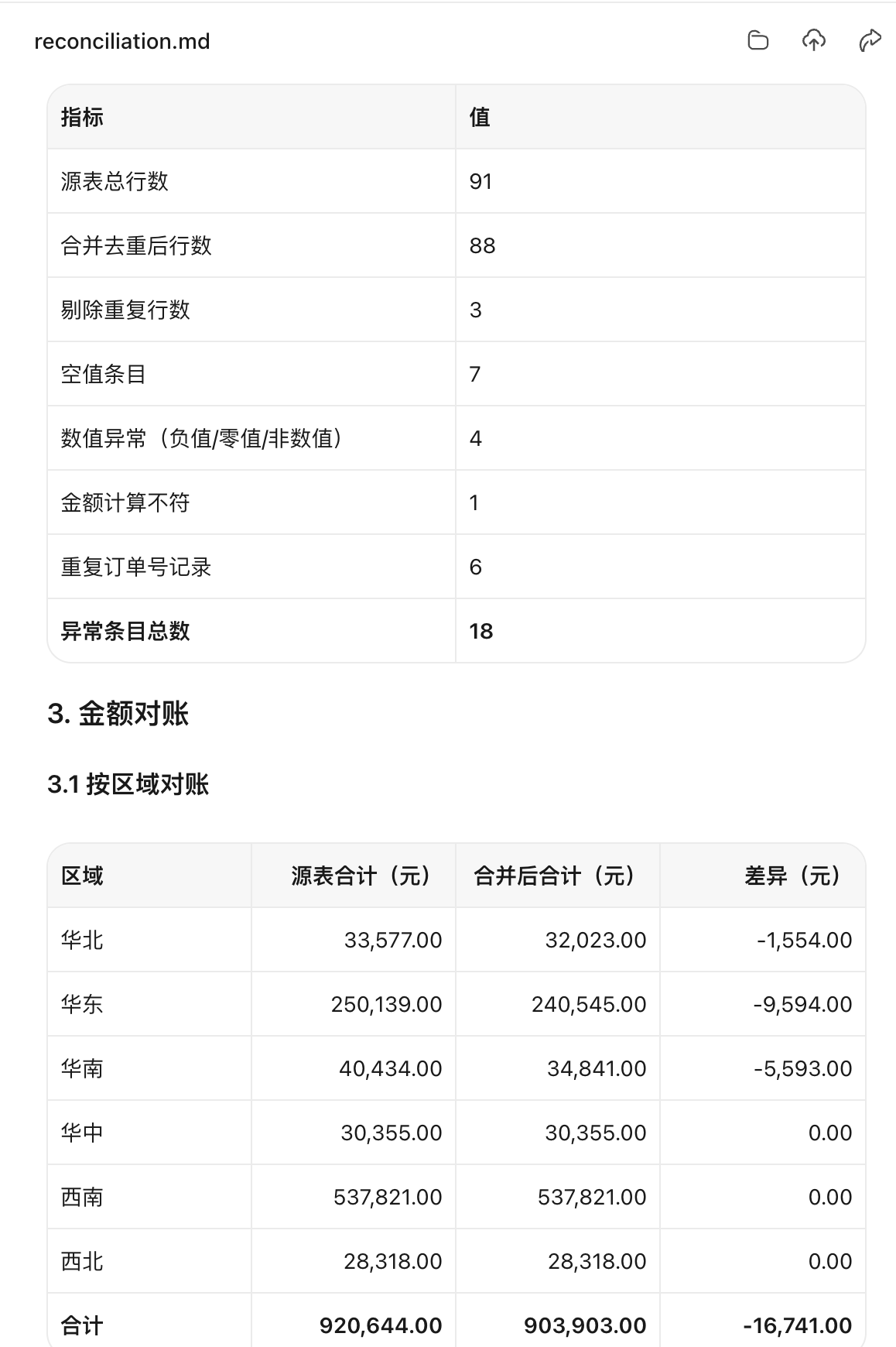 WorkBuddy 生成对账与异常结果